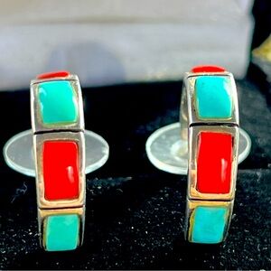 Native American Blue & Red Turqouise Earrings Silver Tone EUC